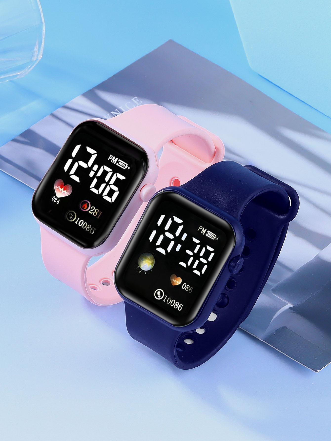 Smartwatch Watches For Girls - Quadratische elektronische LED-Silikonuhr mit Herzmuster, verzierte